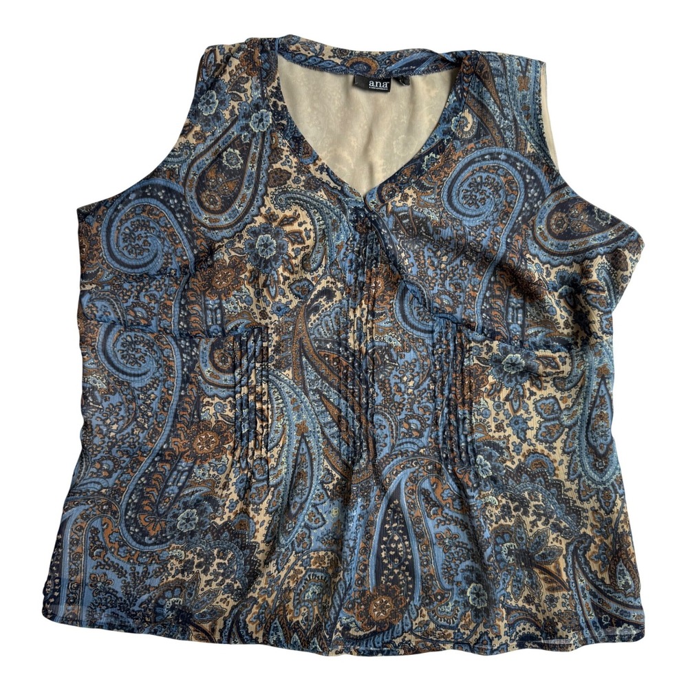 ANA A New Approach Blue Paisley Pintuck Sleeveless V-Neck Blouse‎ Top Womens XL